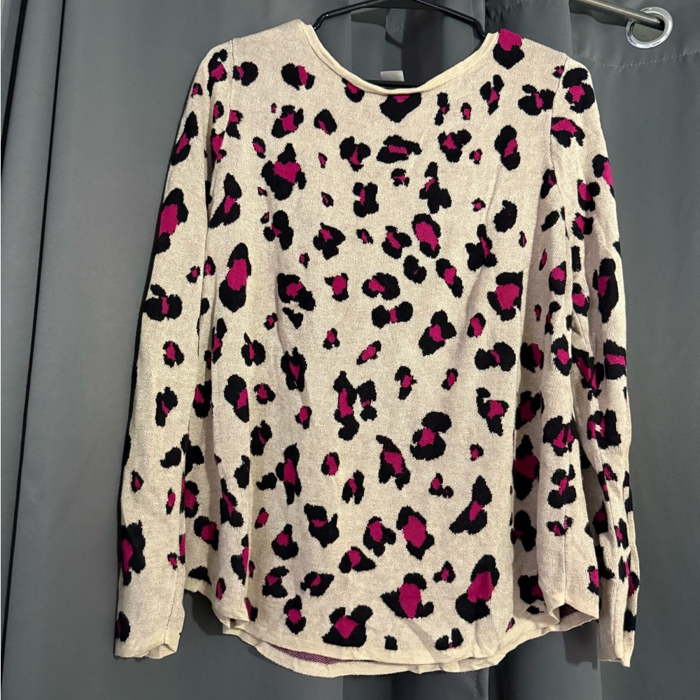 Chico's Textured Animal Print Bateau Neck Sweater Sz 3 Tan Pink Black Rayon